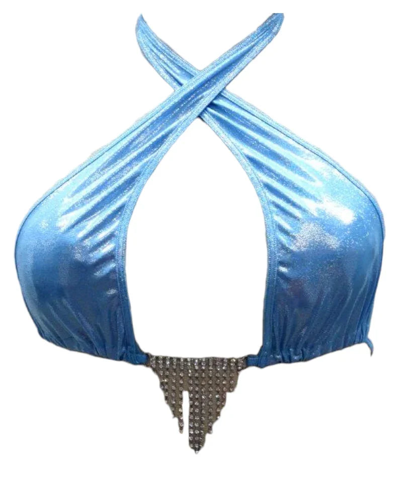 Escante Blue Crystal Black Light Dancewear Jewel Bra Blue One Size