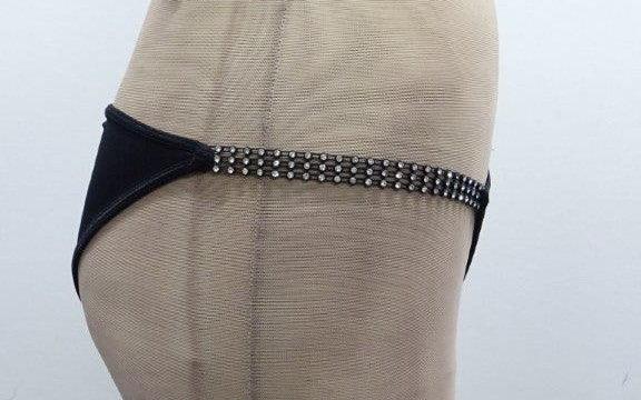 Escante Rhinestone Side Rouched Bottom G-String Black One Size