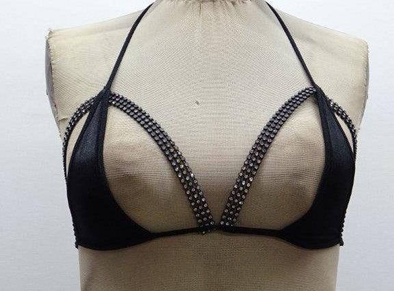 Escante Rhinestone Strappy Cup Tri-Top Bralette Black One Size