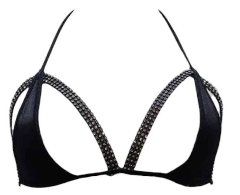Escante Rhinestone Strappy Cup Tri-Top Bralette Black One Size
