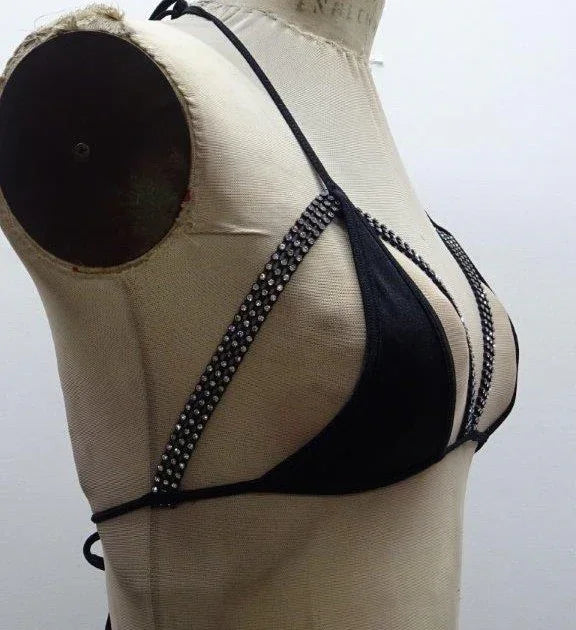 Escante Rhinestone Strappy Cup Tri-Top Bralette Black One Size