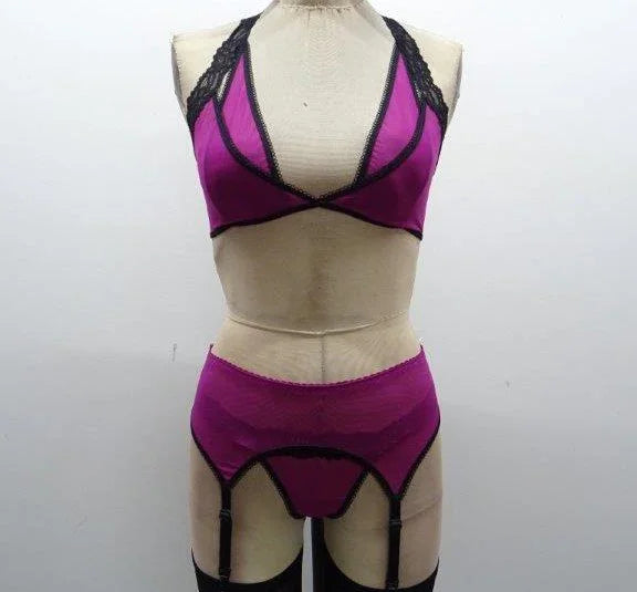 Escante Euphoria Ladder Back Bra, Garterbelt & G-String Raspberry/Black One Size