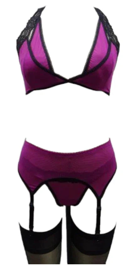 Escante Euphoria Ladder Back Bra, Garterbelt & G-String Raspberry/Black One Size