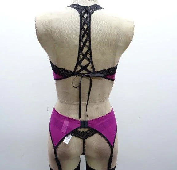 Escante Euphoria Ladder Back Bra, Garterbelt & G-String Raspberry/Black One Size