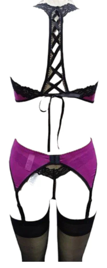 Escante Euphoria Ladder Back Bra, Garterbelt & G-String Raspberry/Black One Size