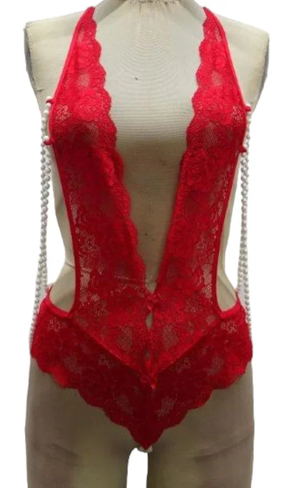 Escante Cascading Pearl Teddy with Open Pearl Crotch Red One Size