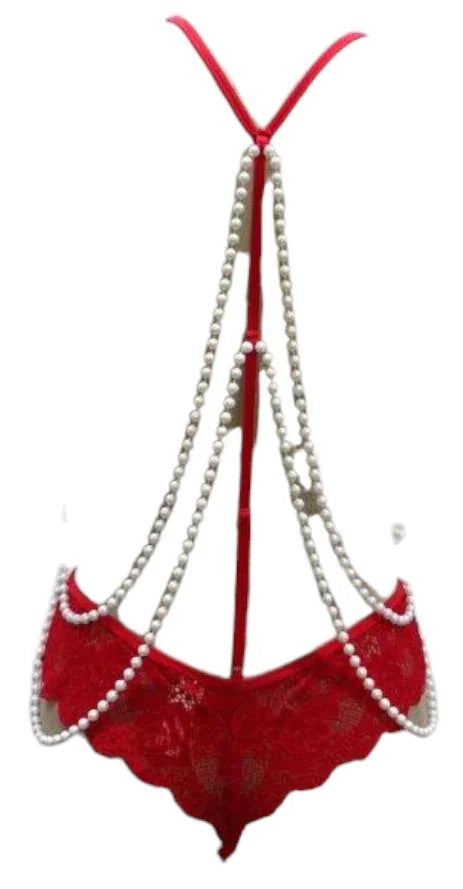 Escante Cascading Pearl Teddy with Open Pearl Crotch Red One Size