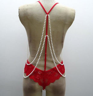 Escante Cascading Pearl Teddy with Open Pearl Crotch Red One Size