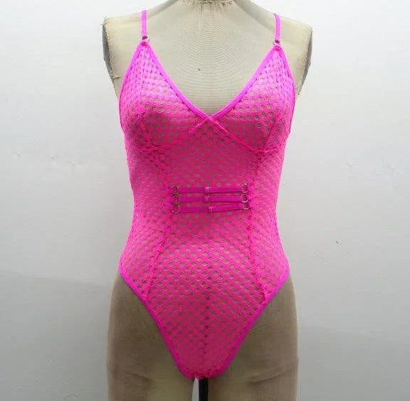 Escante Neon Honeycomb Teddy with Strappy Thong Back Neon Pink