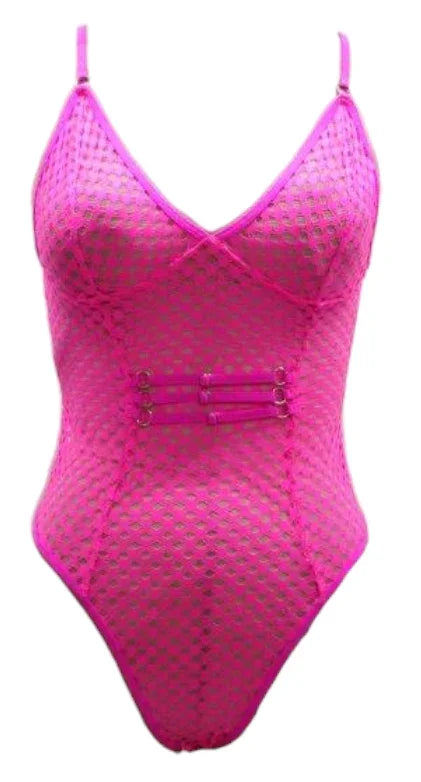 Escante Neon Honeycomb Teddy with Strappy Thong Back Neon Pink