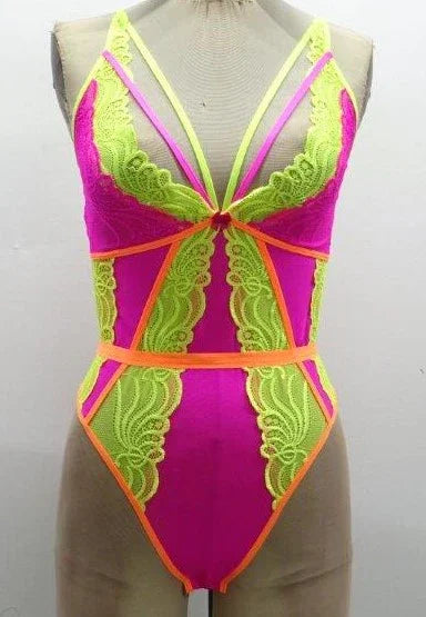 Escante Festival Wear Strappy Teddy with Brazilian Back Neon Pink & Yellow