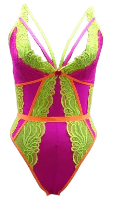 Escante Festival Wear Strappy Teddy with Brazilian Back Neon Pink & Yellow