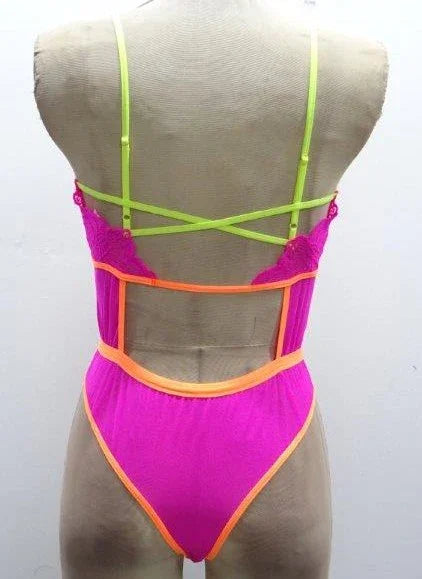 Escante Festival Wear Strappy Teddy with Brazilian Back Neon Pink & Yellow