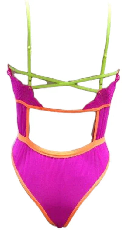 Escante Festival Wear Strappy Teddy with Brazilian Back Neon Pink & Yellow