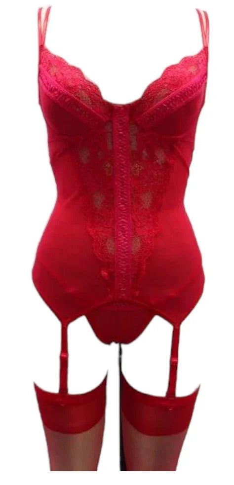 Escante Lace & Mesh Bustier with Underwire Cups & G-String Red