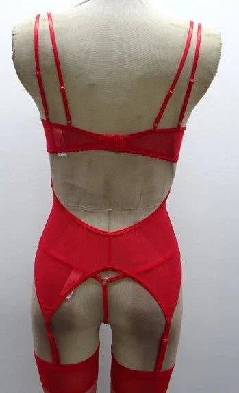 Escante Lace & Mesh Bustier with Underwire Cups & G-String Red