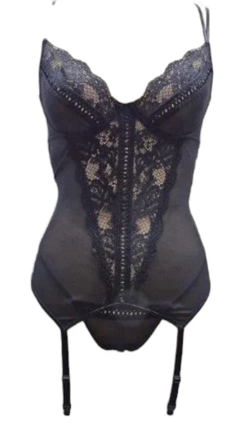 Escante Lace & Mesh Bustier with Underwire Cups & G-String Black