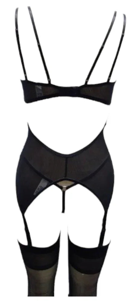 Escante Lace & Mesh Bustier with Underwire Cups & G-String Black