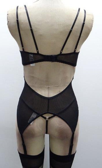 Escante Lace & Mesh Bustier with Underwire Cups & G-String Black
