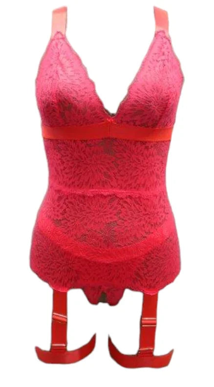 Escante Neon Wide Strap Open Cup Bustier & Crotchless Thong Neon Coral
