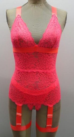 Escante Neon Wide Strap Open Cup Bustier & Crotchless Thong Neon Coral