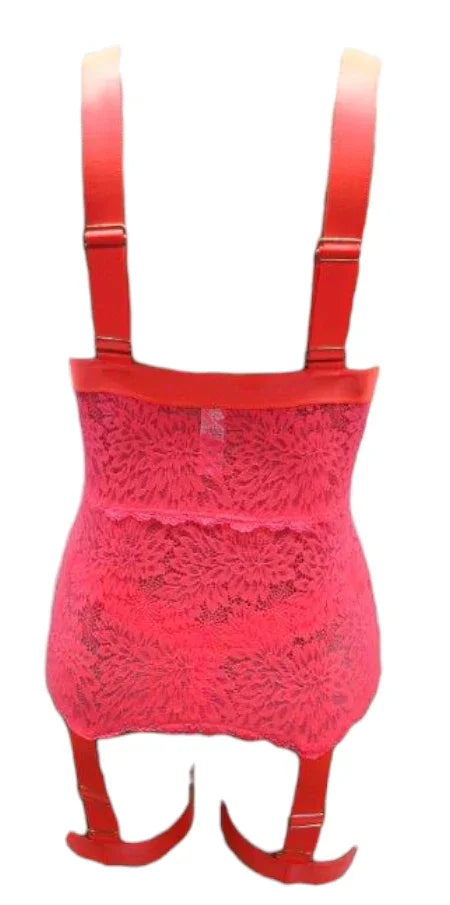Escante Neon Wide Strap Open Cup Bustier & Crotchless Thong Neon Coral