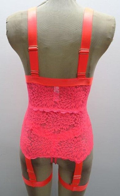 Escante Neon Wide Strap Open Cup Bustier & Crotchless Thong Neon Coral