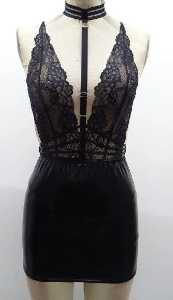 Escante Harness Wet Look Chemise with Matching Panty Black
