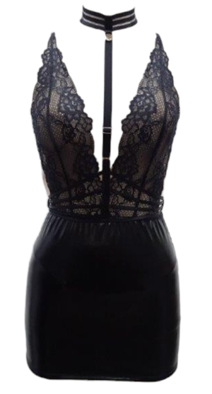 Escante Harness Wet Look Chemise with Matching Panty Black