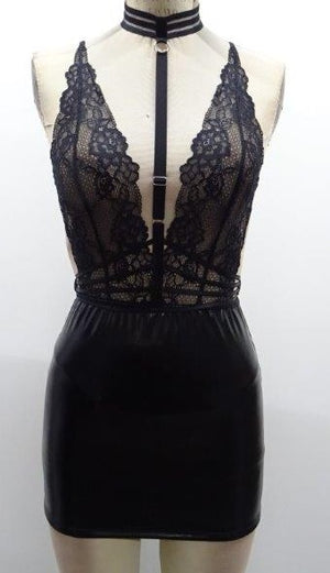 Escante Harness Wet Look Chemise with Matching Panty Black