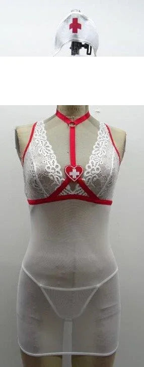 Escante Euphoria Hot & Ready Nurse Chemise, Choker, Headpiece & G-String White/Red One Size