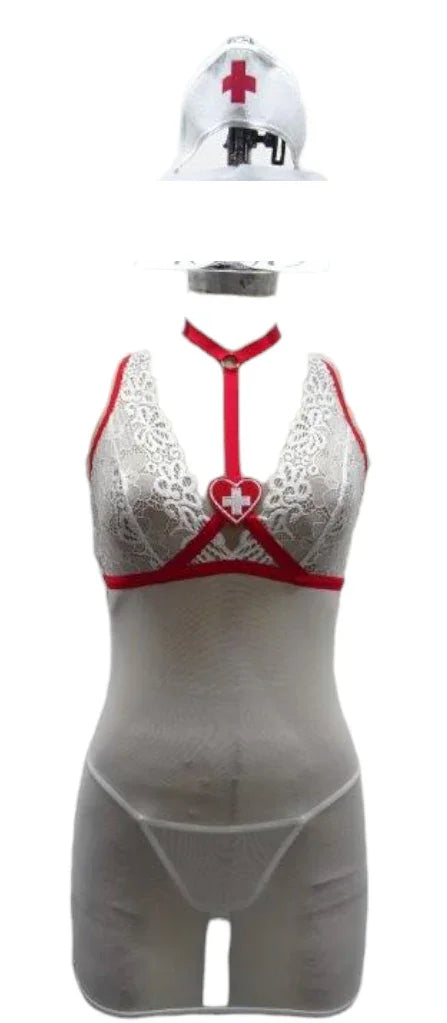 Escante Euphoria Hot & Ready Nurse Chemise, Choker, Headpiece & G-String White/Red One Size