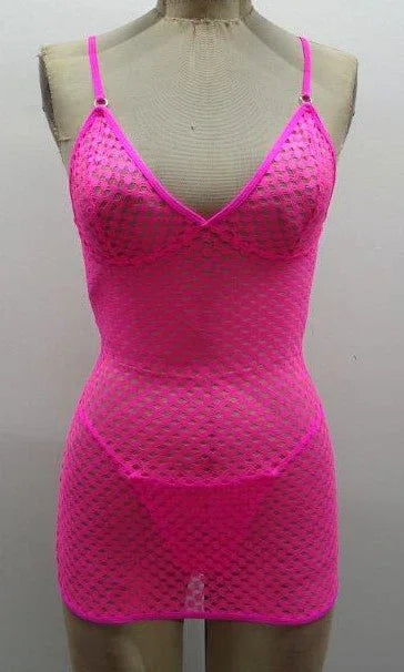 Escante Neon Honeycomb Chemise with Strappy Back & G-String Neon Pink