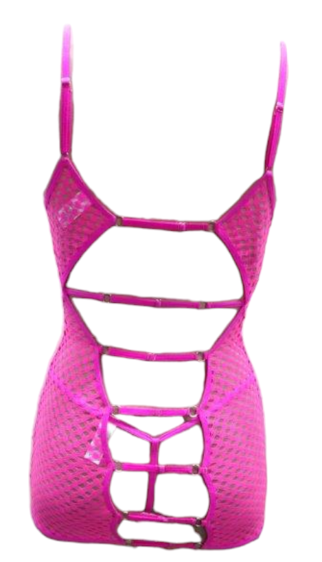 Escante Neon Honeycomb Chemise with Strappy Back & G-String Neon Pink