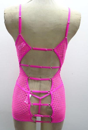 Escante Neon Honeycomb Chemise with Strappy Back & G-String Neon Pink