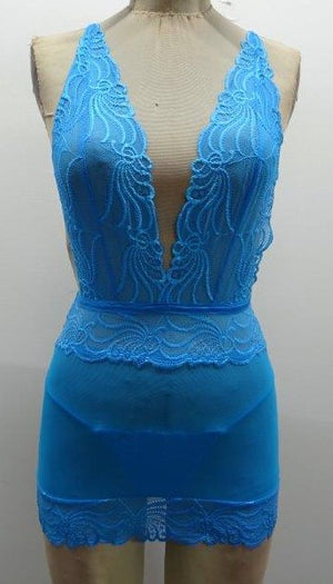 Escante Rouched Honeycomb Chemise with Matching G-String Vivid Neon Blue