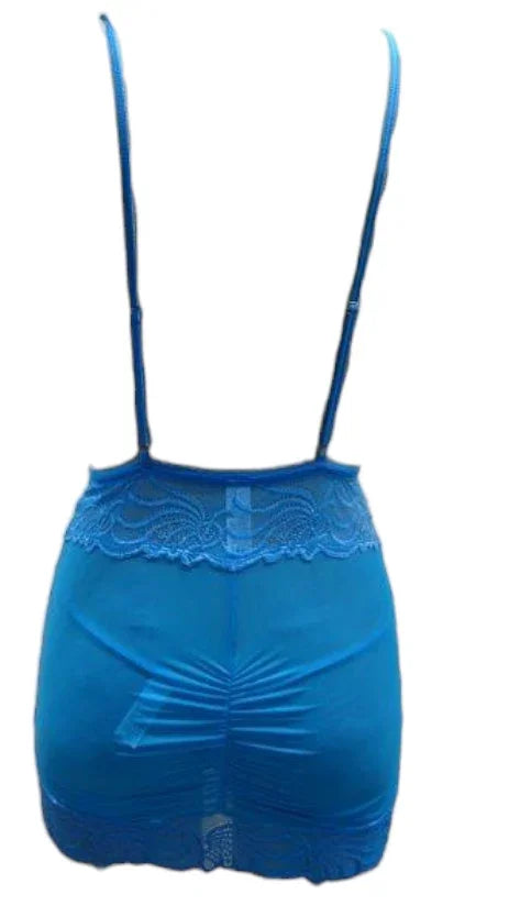 Escante Rouched Honeycomb Chemise with Matching G-String Vivid Neon Blue