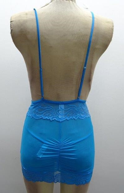 Escante Rouched Honeycomb Chemise with Matching G-String Vivid Neon Blue
