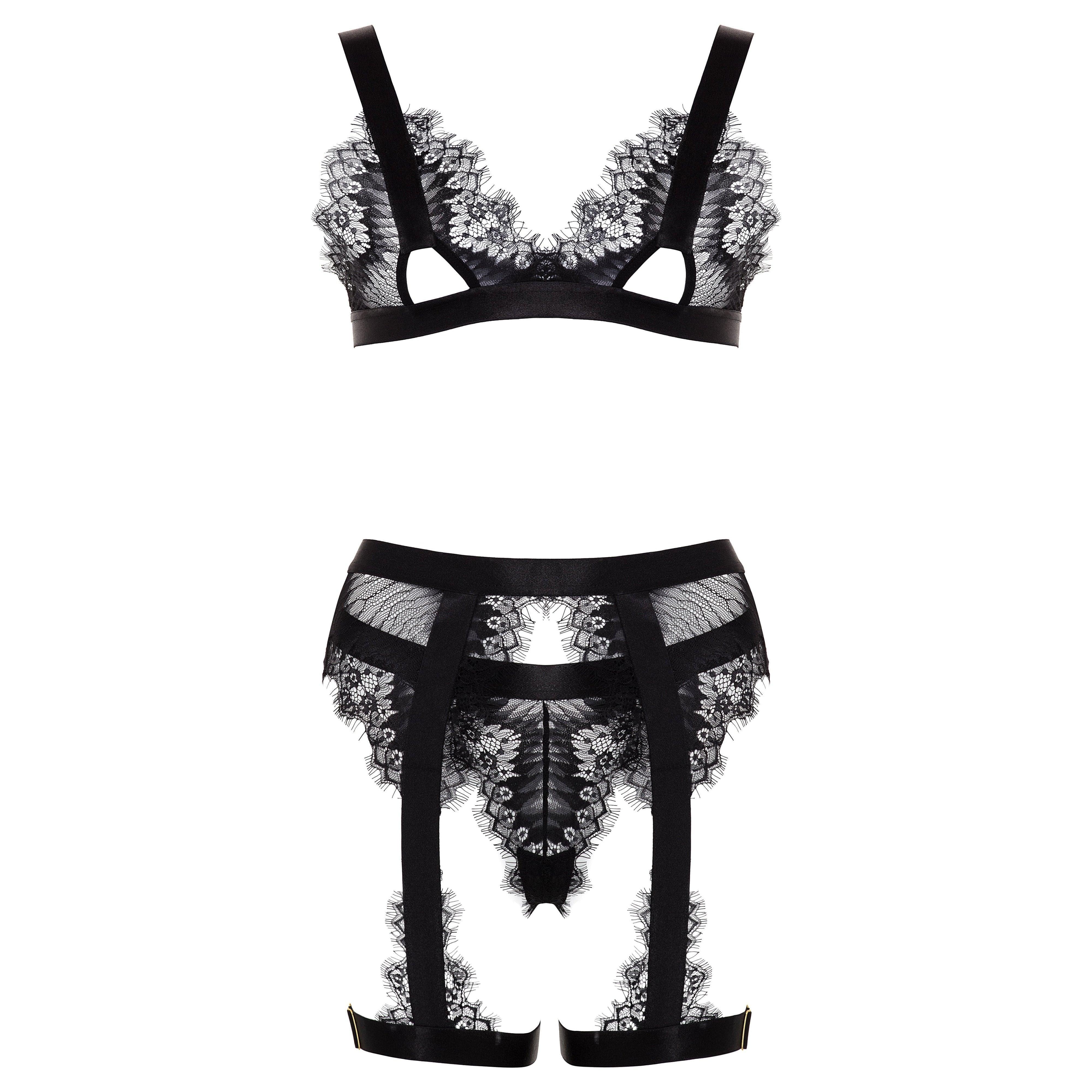 Oh La La Cheri Janet Eyelash Lace Bra Leg Garterbelt & G-String Black - Romantic Blessings