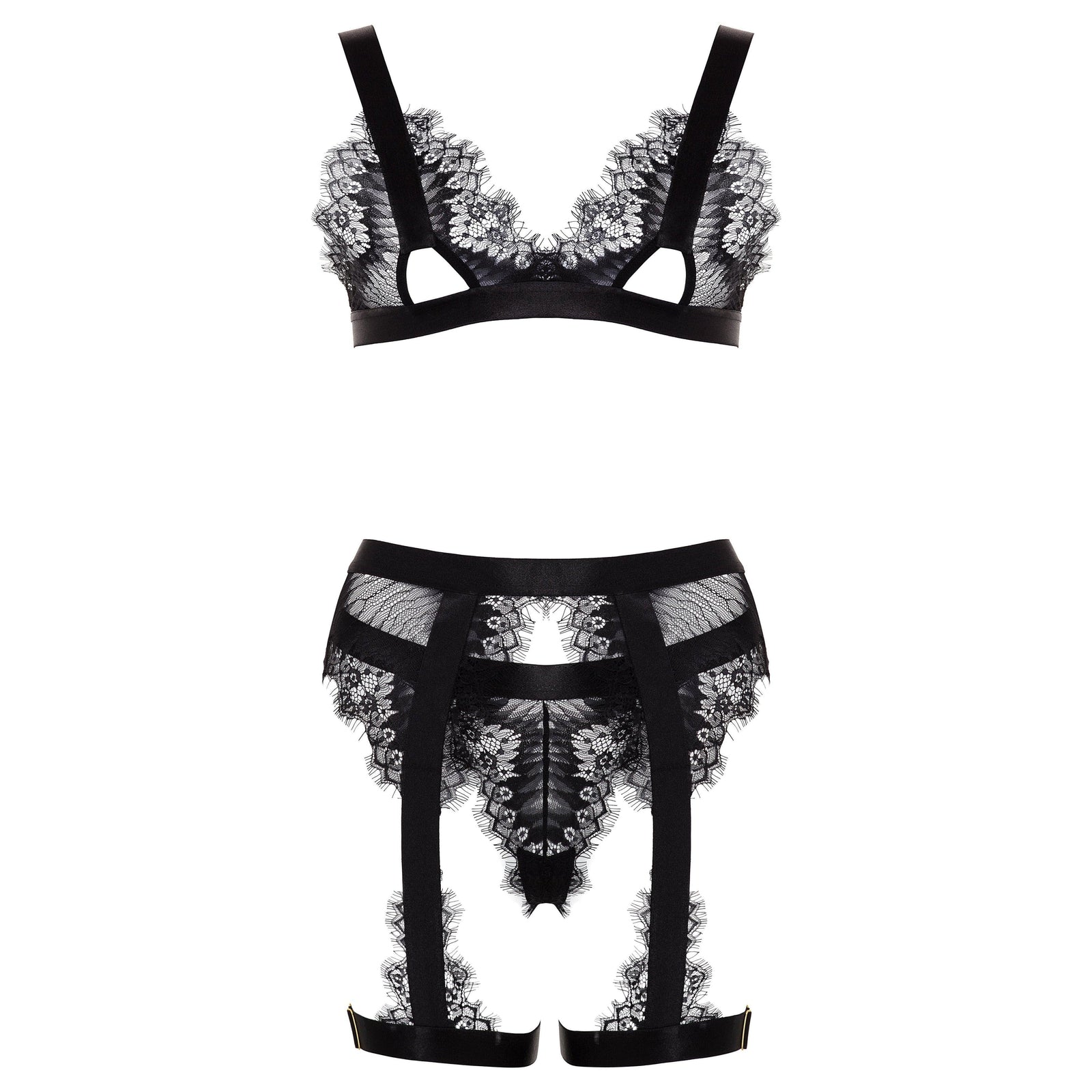Oh La La Cheri Janet Eyelash Lace Bra Leg Garterbelt & G-String Black - Romantic Blessings