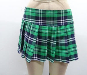 Escante Long Pleated Zipper Side School Girl Skirt Green Plaid