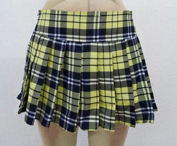 Escante Long Pleated Zipper Side School Girl Skirt Yellow Plaid