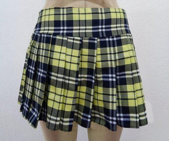 Escante Long Pleated Zipper Side School Girl Skirt Yellow Plaid