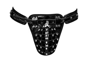 Male Power Leather Taurus Exposed Rear Thong with Chastity Lock Black One Size