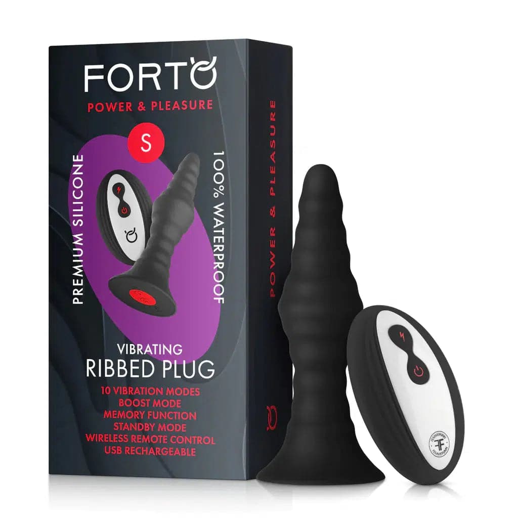 Forto Remote Control 10 Function Vibrating Ribbed Butt Plug Black - Romantic Blessings