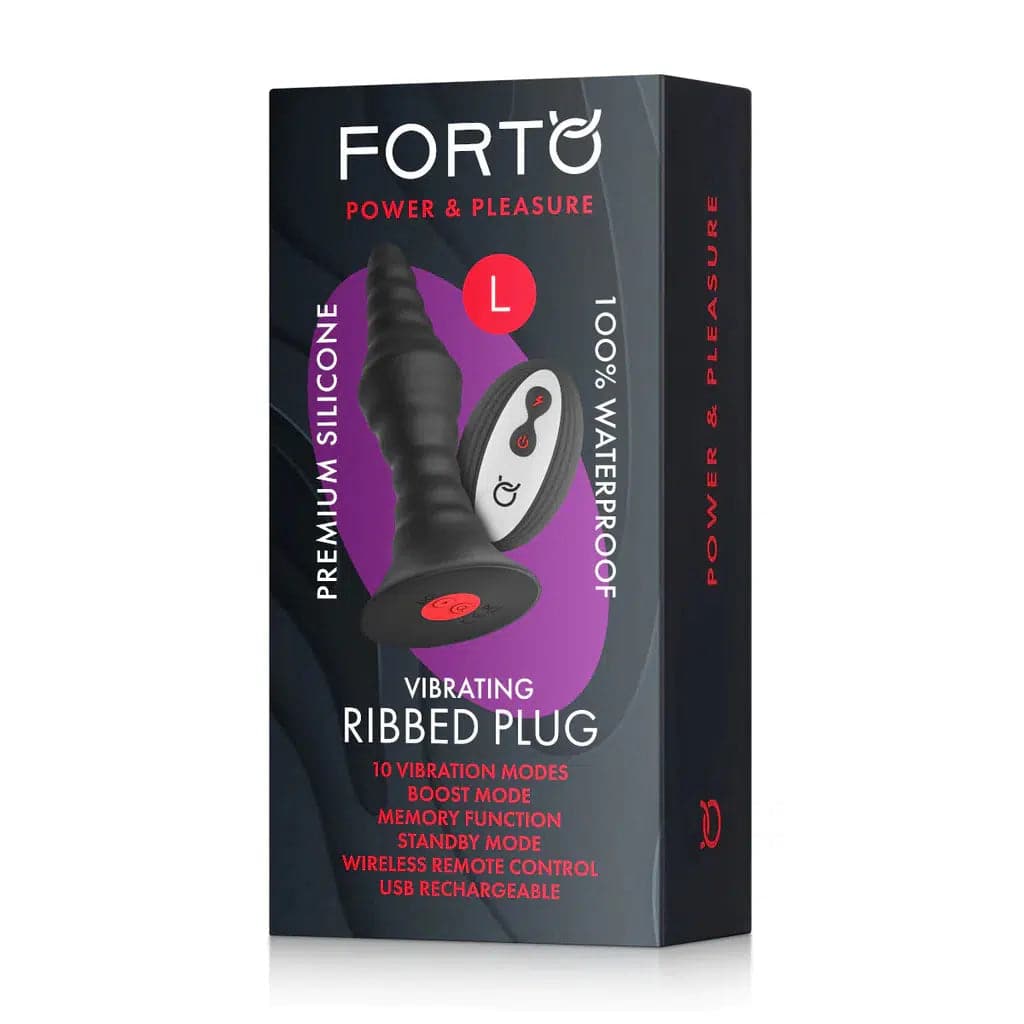 Forto Remote Control 10 Function Vibrating Ribbed Butt Plug Black - Romantic Blessings