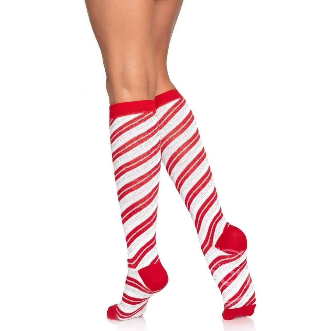 Leg Avenue Candy Cane Lurex Knee High Socks OS Red/White - Romantic Blessings