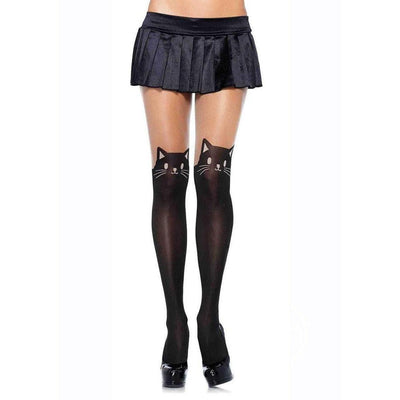 Leg Avenue Black Cat Spandex Opaque Pantyhose with Sheer Thigh Accent OS Black/Nude - Romantic Blessings