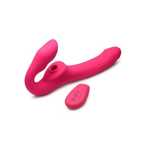 Licking Vibrating Rechargeable Silicone Strapless Strap-On with Remote Control - Pink - Romantic Blessings