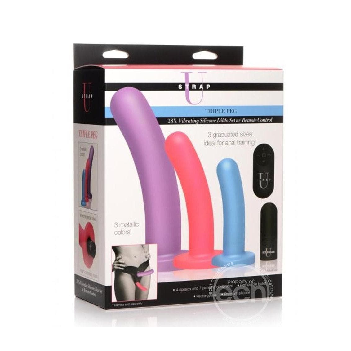 Strap U Triple 28X Vibrating Rechargeable Silicone Dildo Set with Remote Control - Multicolor - Romantic Blessings